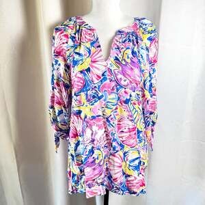 Cappagallo Tunic Pink Blue Tropical Womens Sz L Top Resort Vacation Whimsy EUC